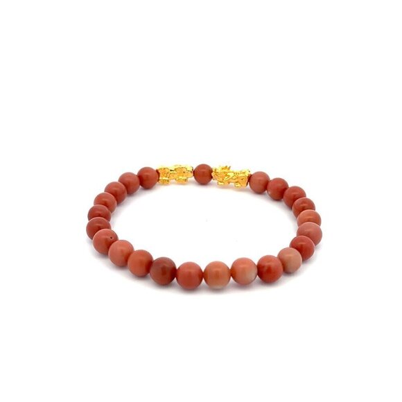 18K Gold Dragon Pixiu Double Piyao Lucky Charm Bracelet Gemstone Indian Red Jade - Picture 3 of 5